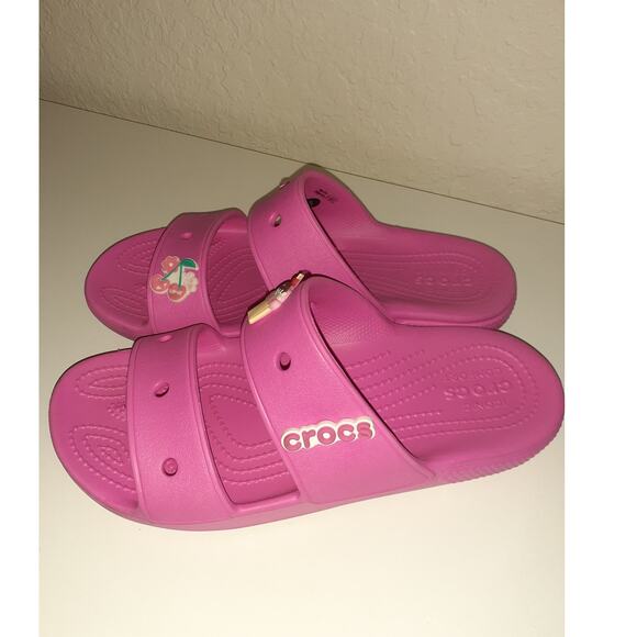 CROCS Iconic Ladies Pink Two Strap Comfort Slides Sandals Jibbitz size 9 EUC - Picture 3 of 6